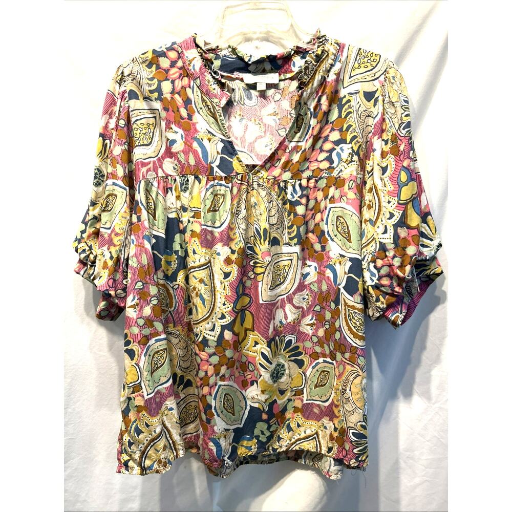 Umgee Plus 1x Blouse Boho Floral Top Multicolor V-Neck Ruffle Puff Sleeve